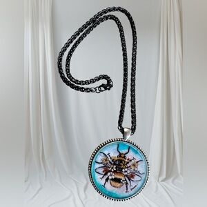 Queen honey bee handpainted pendant lg in stainless silver bezel flowers OOAK